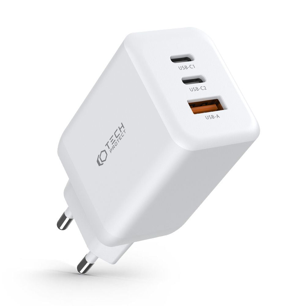 CARICABATTERIE DI RETE A 3 PORTE TECH-PROTECT C65W PD65W/QC3.0 BIANCO